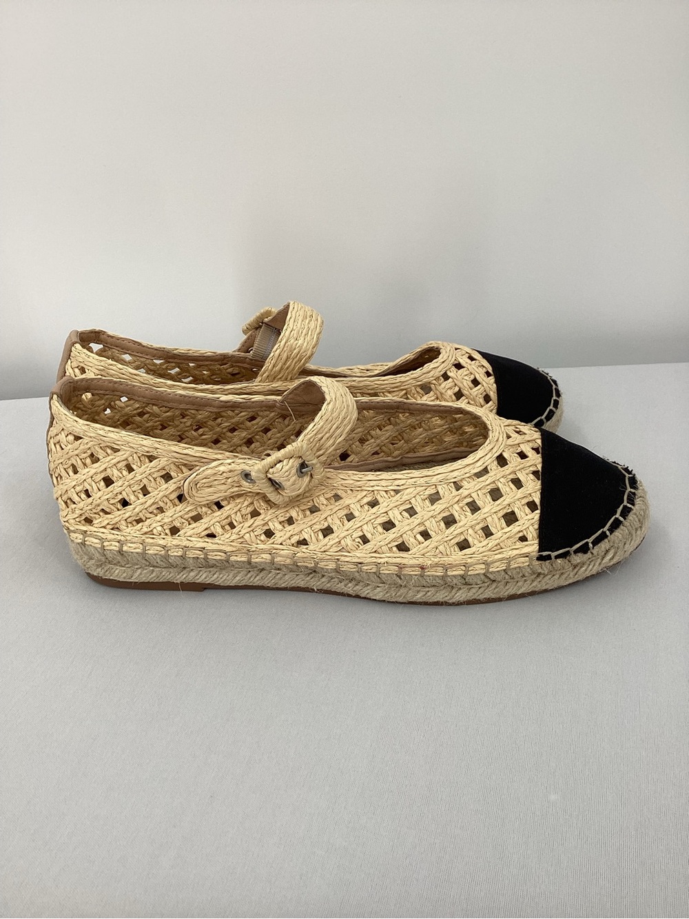 Bibi Lou Raffia Mary Jane Flats in Natural with Black Toe